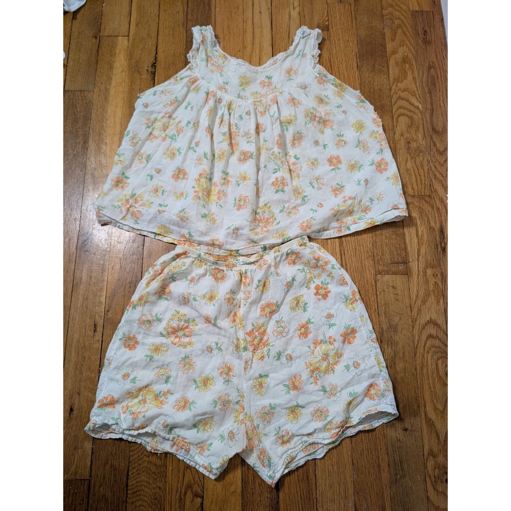 Vintage 60s Her Majesty Floral Pj Set Lace Trim Orange Yellow Size 12 Made USA